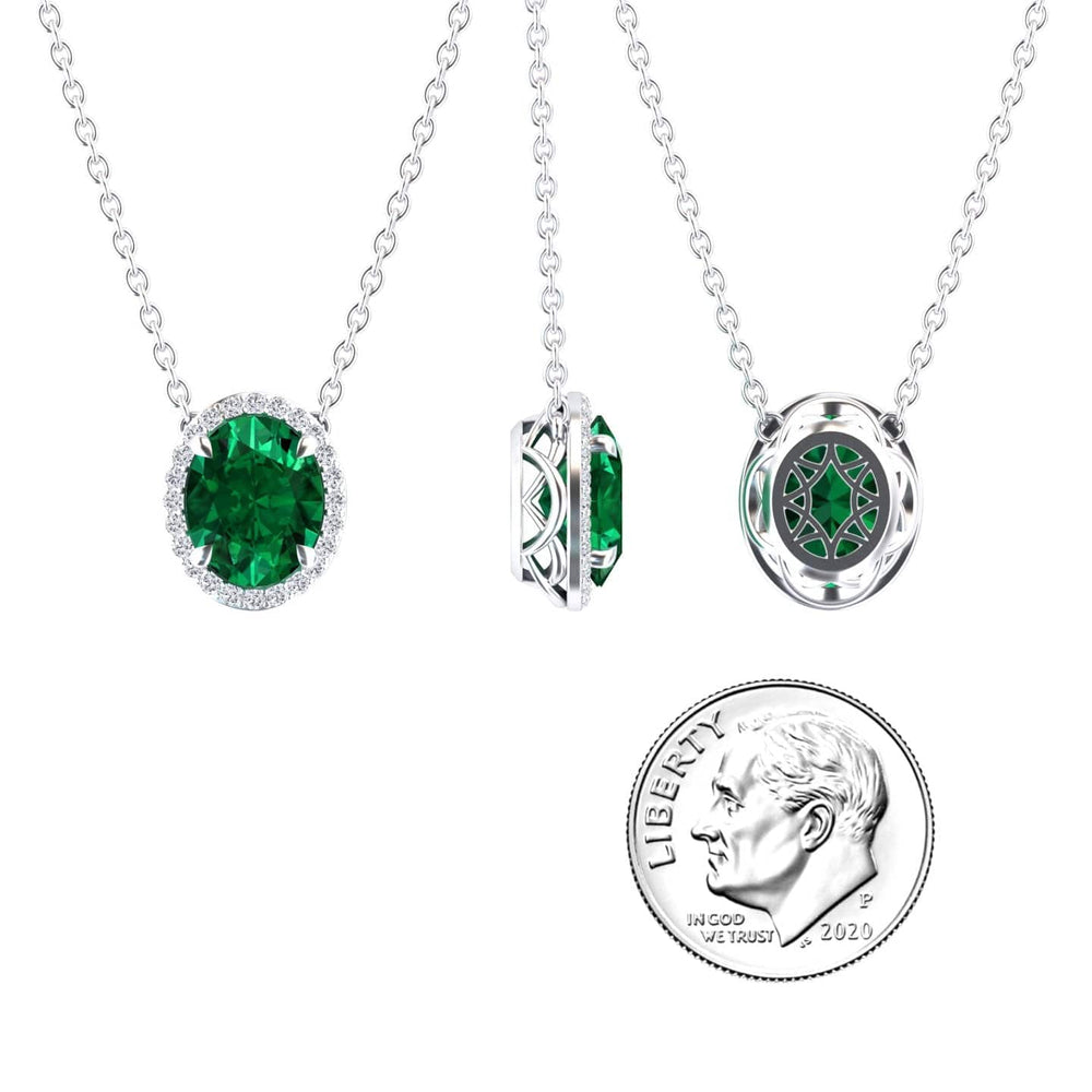 Oval lab-grown emerald and diamond halo necklace in 14k white gold, view 3