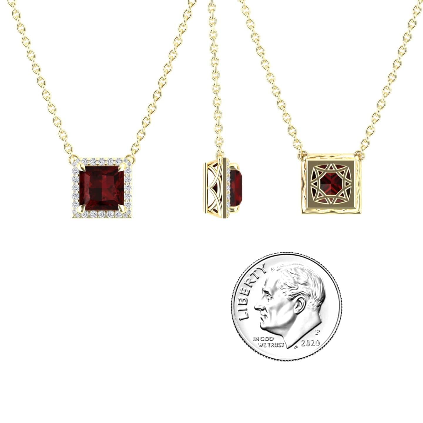 The Garnet & Diamond Halo Necklace - Gabriella features a square red garnet pendant framed by small diamonds. Shown from front, side, and back, with a 2020 US dime for size comparison.