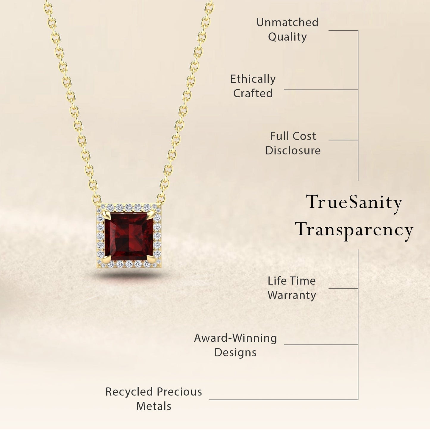 The Garnet & Diamond Halo Necklace - Gabriella features a square red garnet in a diamond halo on gold. Enjoy unmatched quality, ethical crafting, full cost disclosure, lifetime warranty, award-winning design, and recycled metals.