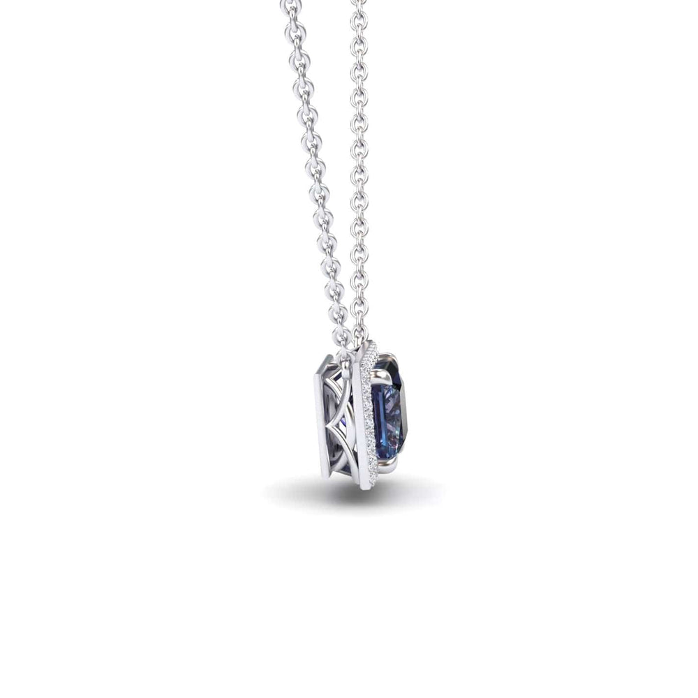 Princess lab-grown alexandrite and diamond halo necklace in 14k white gold, view 2