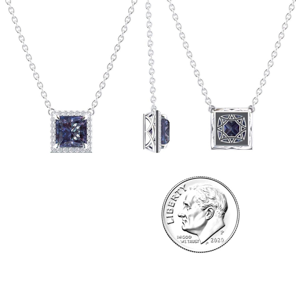 Princess lab-grown alexandrite and diamond halo necklace in 14k white gold, view 3
