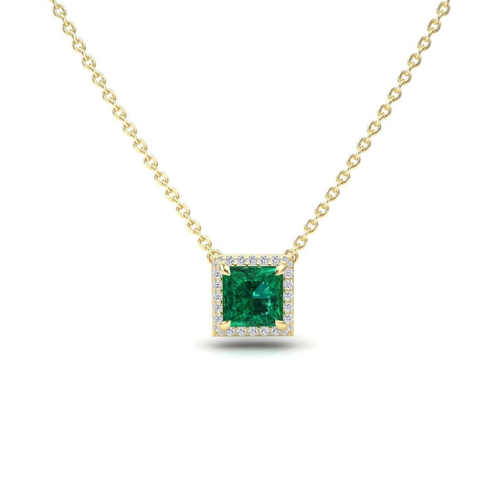 Princess lab-grown emerald and diamond halo necklace in 14k yellow gold