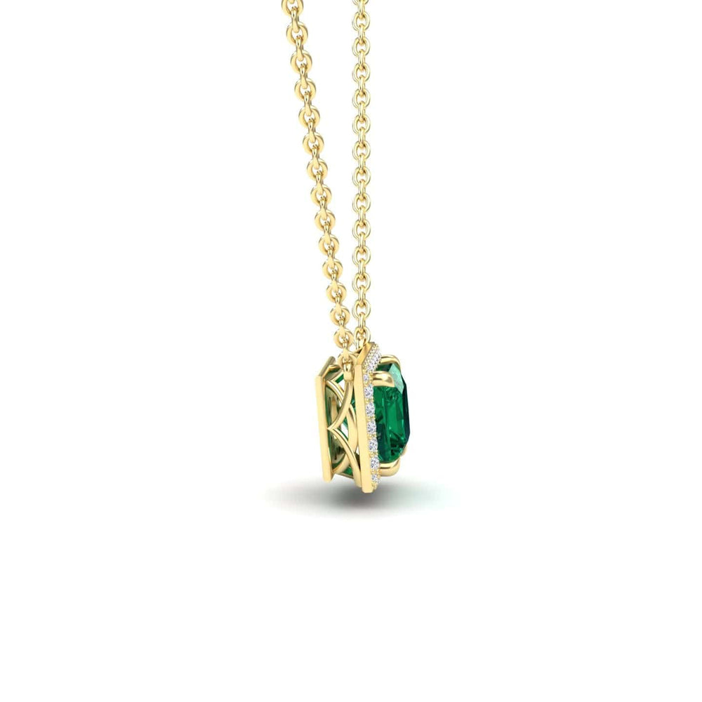 Princess lab-grown emerald and diamond halo necklace in 14k yellow gold, view 2