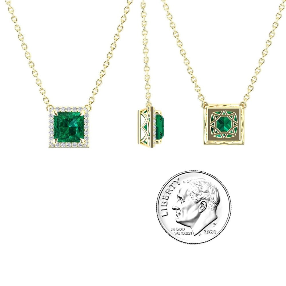 Princess lab-grown emerald and diamond halo necklace in 14k yellow gold, view 3