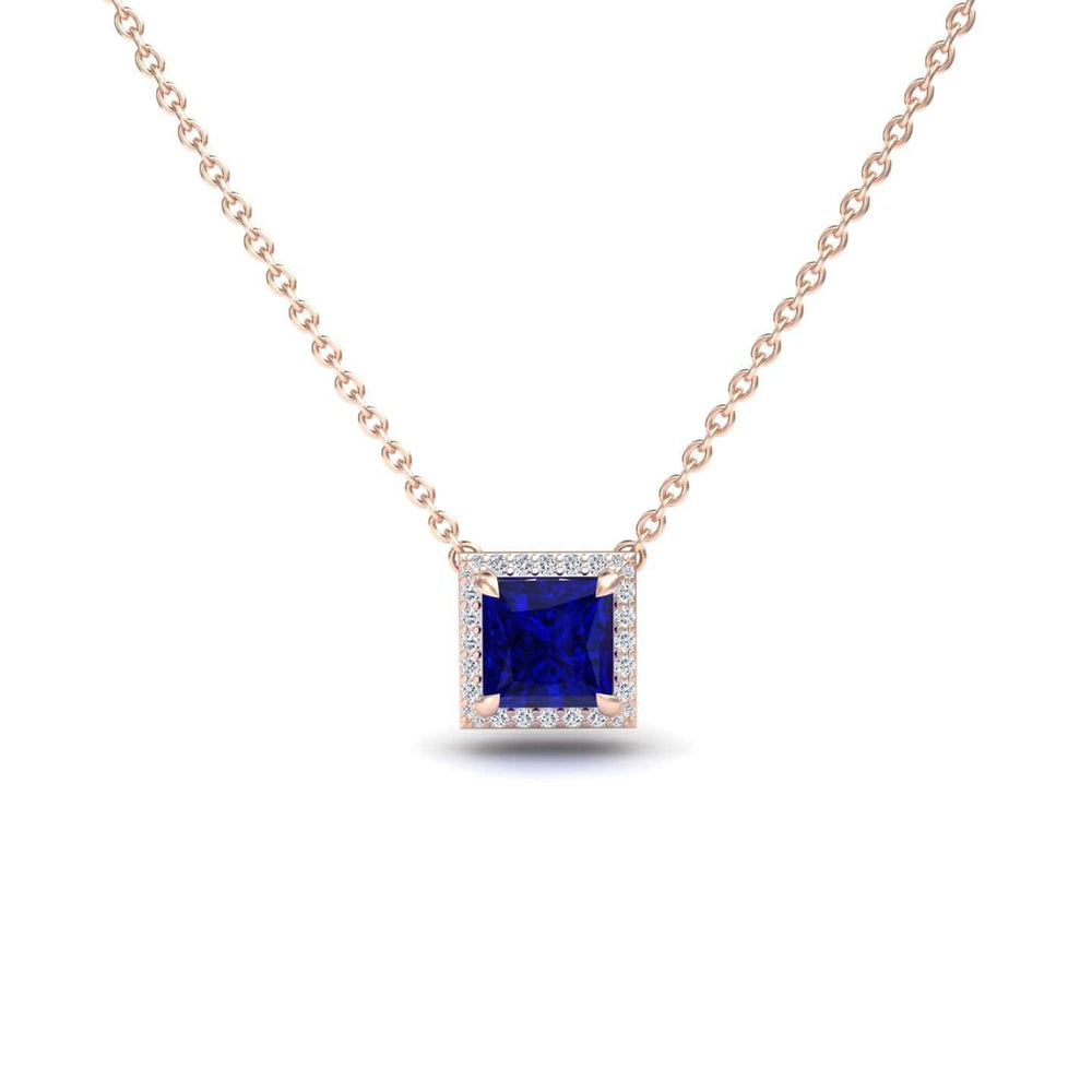 Lab Grown Blue Sapphire & Diamond Halo Necklace - Gabriella