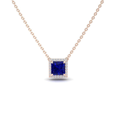 Lab Grown Blue Sapphire & Diamond Halo Necklace