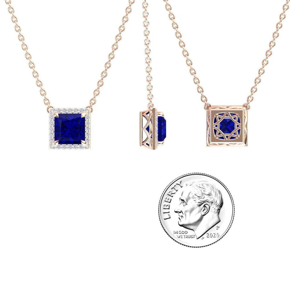 Lab Grown Blue Sapphire & Diamond Halo Necklace - Gabriella