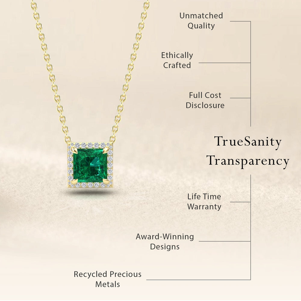 Princess lab-grown emerald and diamond halo necklace, view 7