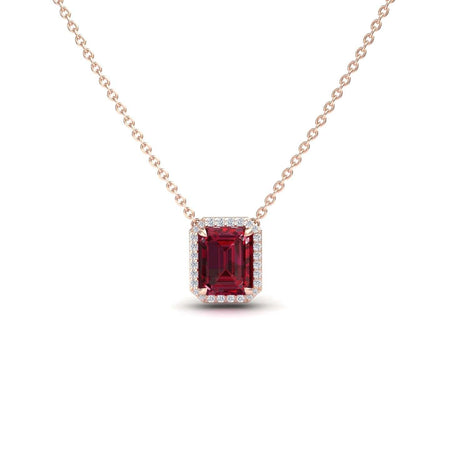 The Ruby & Diamond Halo Necklace - Hilary is a gold chain necklace with a rectangular red gemstone pendant encircled by small white diamonds, shown against a white background.