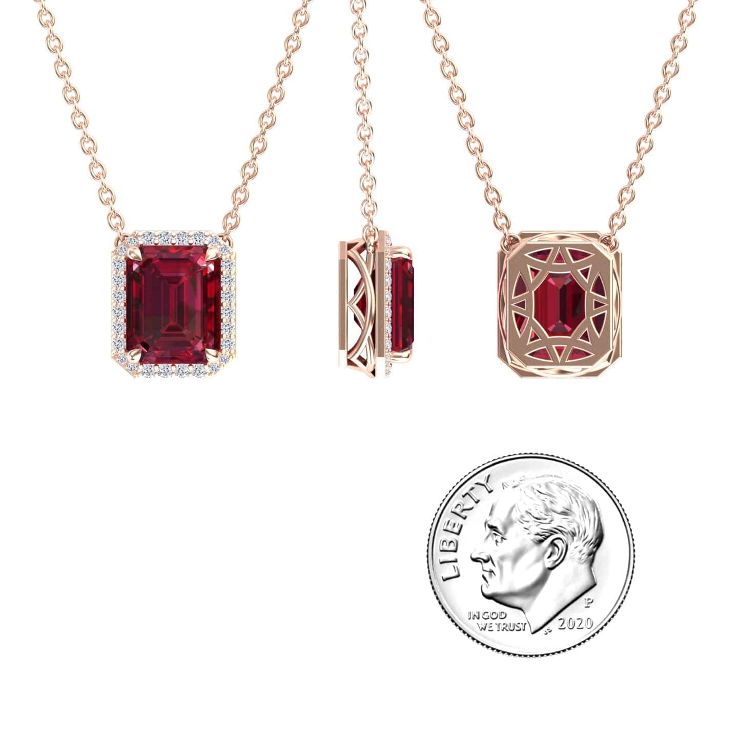 Three views of the Ruby & Diamond Halo Necklace - Hilary, featuring a rectangular ruby pendant surrounded by diamonds, shown next to a U.S. dime for scale. The back displays a decorative geometric pattern.