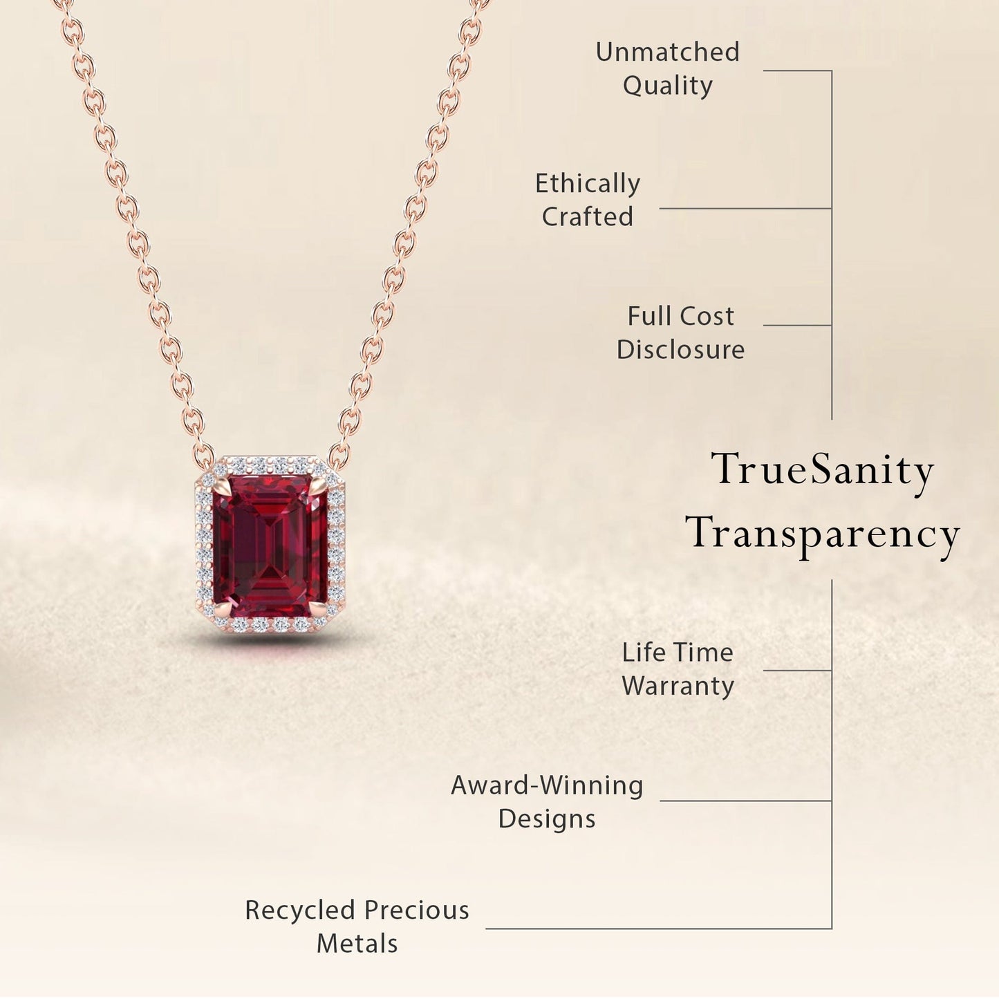 The Ruby & Diamond Halo Necklace - Hilary features a rectangular red gemstone pendant with diamond accents. Enjoy unmatched quality, ethical crafting, transparent pricing, a lifetime warranty, award-winning design, and recycled metals.