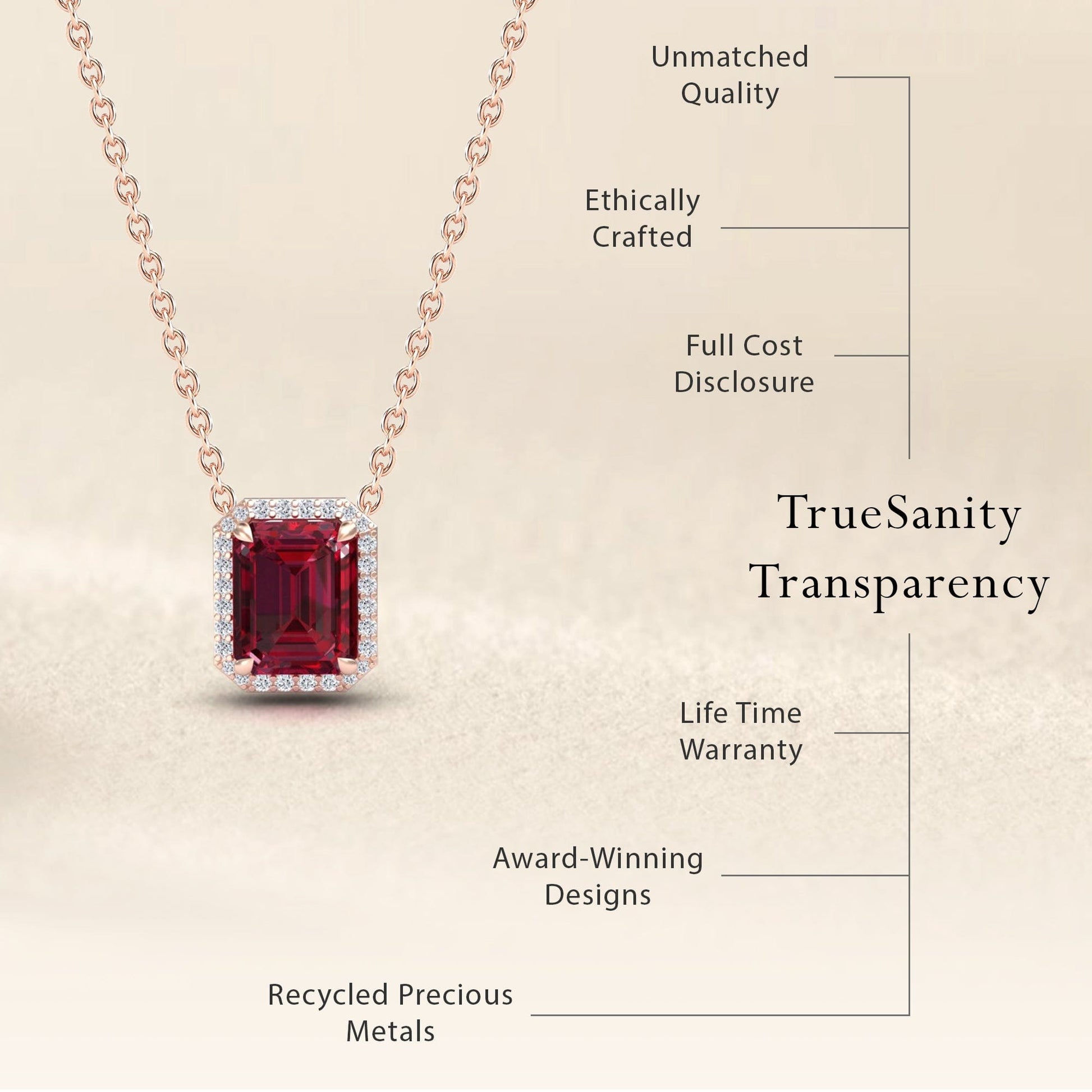 The Ruby & Diamond Halo Necklace - Hilary features a rectangular red gemstone pendant with diamond accents. Enjoy unmatched quality, ethical crafting, transparent pricing, a lifetime warranty, award-winning design, and recycled metals.