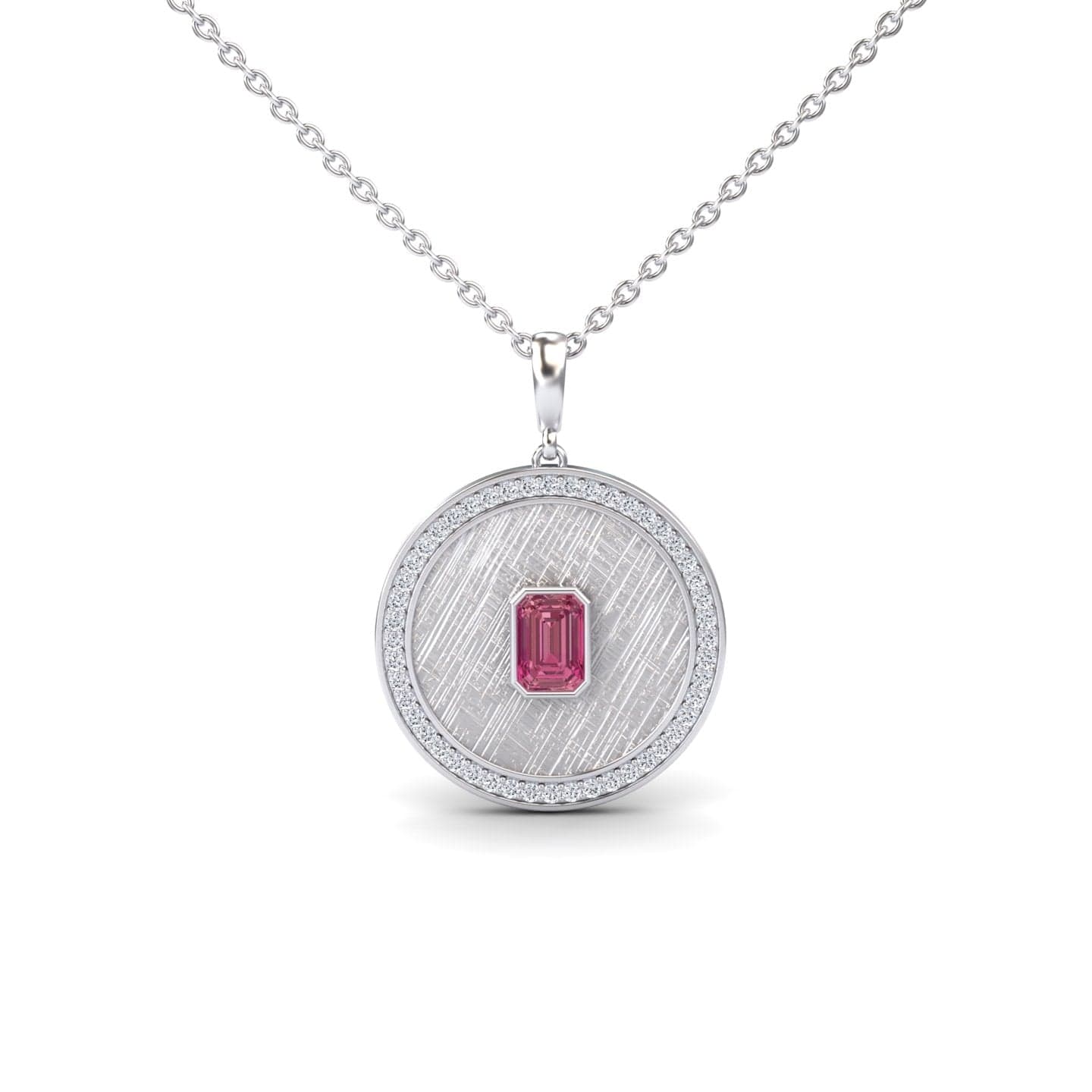 The Pink Tourmaline & Diamond Textured Medallion Necklace - Jasmine features a silver necklace with a round textured pendant, a border of clear diamonds, and a central rectangular pink tourmaline gemstone.