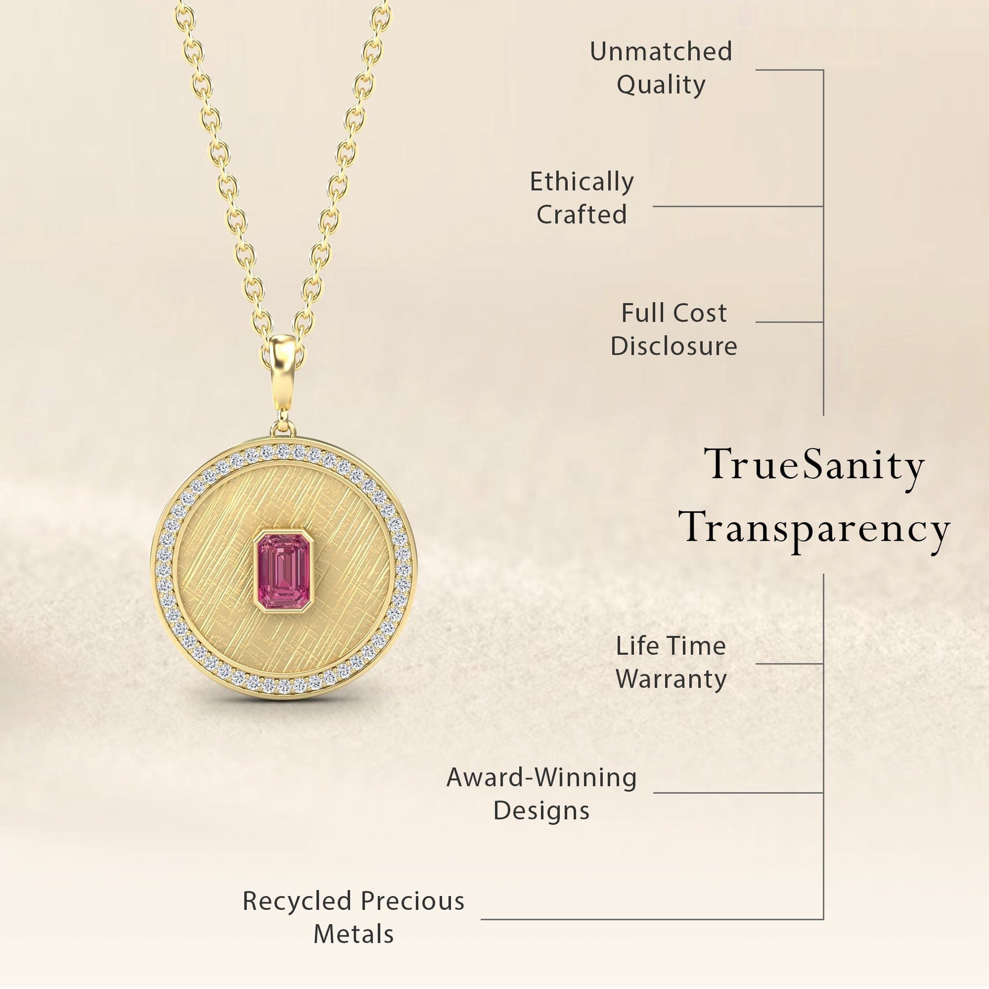 The Pink Tourmaline & Diamond Textured Medallion Necklace - Jasmine features a round pendant with a pink tourmaline center, diamond accents, and is ethically crafted from recycled metals with full cost disclosure, lifetime warranty, and award-winning design.