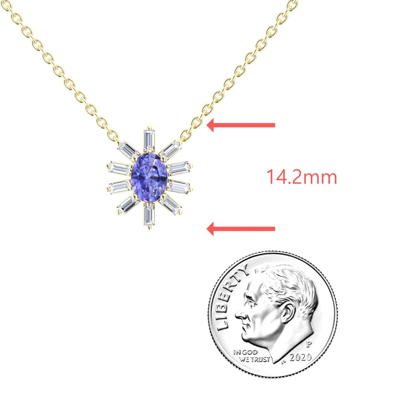 The Tanzanite & Diamond Starburst Necklace - Laura features a starburst pendant with a blue center and clear baguette stones, measuring 14.2mm wide, shown above a U.S. dime for size reference.