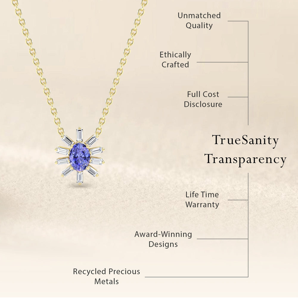 The Tanzanite & Diamond Starburst Necklace - Laura features a gold chain with a blue gemstone and diamond pendant. Highlights: unmatched quality, ethically crafted, transparent pricing, lifetime warranty, award-winning design, recycled precious metals.