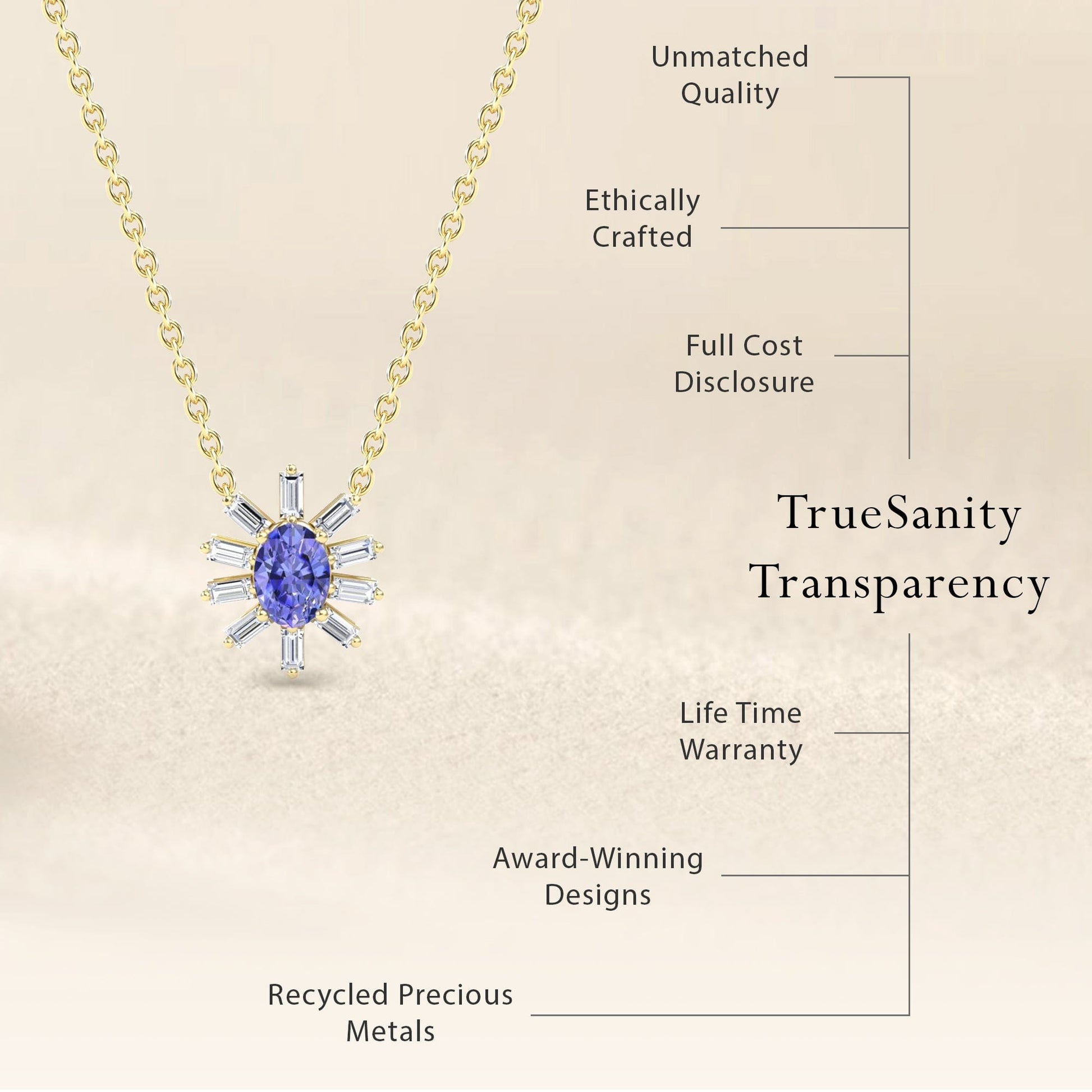 The Tanzanite & Diamond Starburst Necklace - Laura features a gold chain with a blue gemstone and diamond pendant. Highlights: unmatched quality, ethically crafted, transparent pricing, lifetime warranty, award-winning design, recycled precious metals.