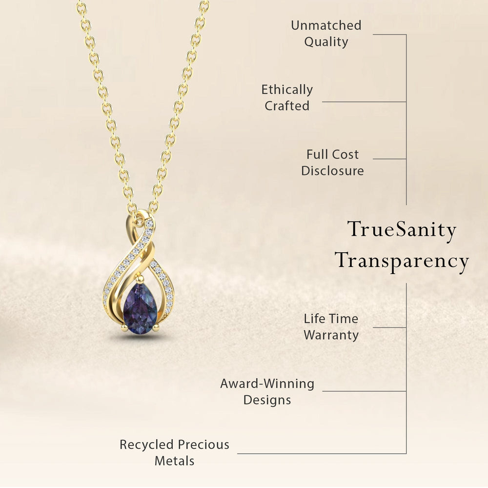 Pear lab-grown alexandrite and diamond infinity twist necklace, view 7