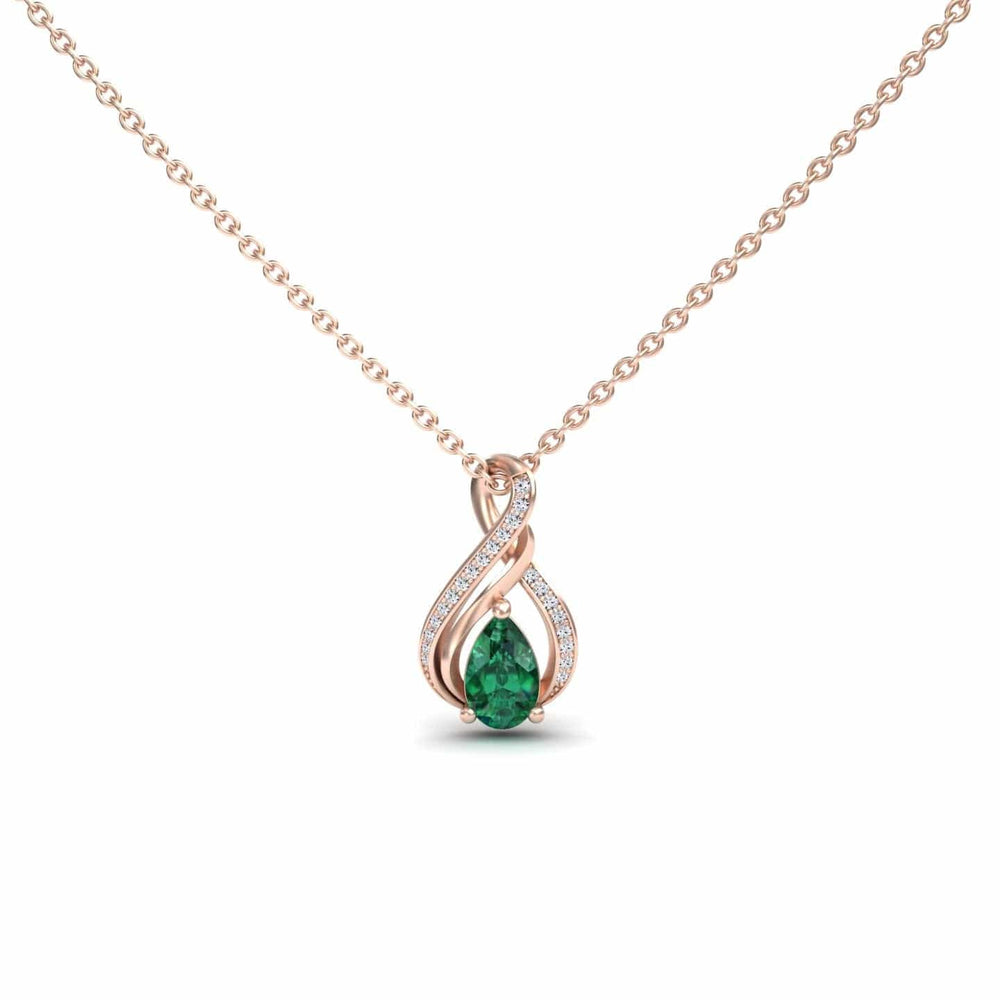 Pear emerald and diamond infinity twist necklace in 14k rose gold