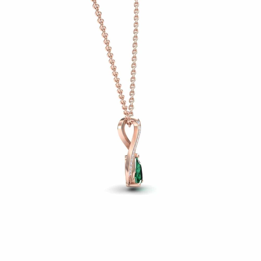 Pear emerald and diamond infinity twist necklace in 14k rose gold, view 2