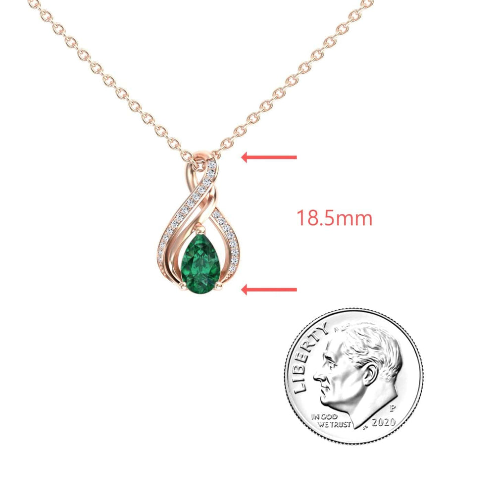 Pear emerald and diamond infinity twist necklace in 14k rose gold, view 3