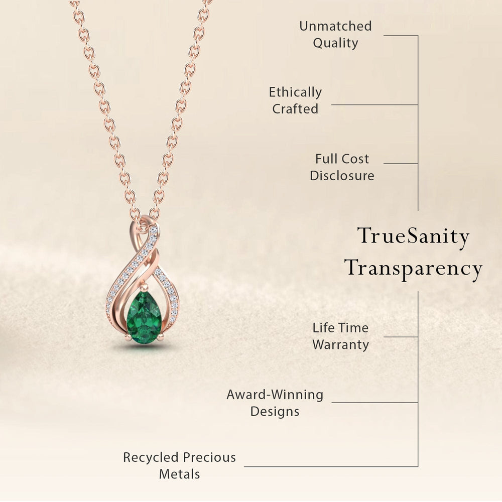 Pear emerald and diamond infinity twist necklace, view 7