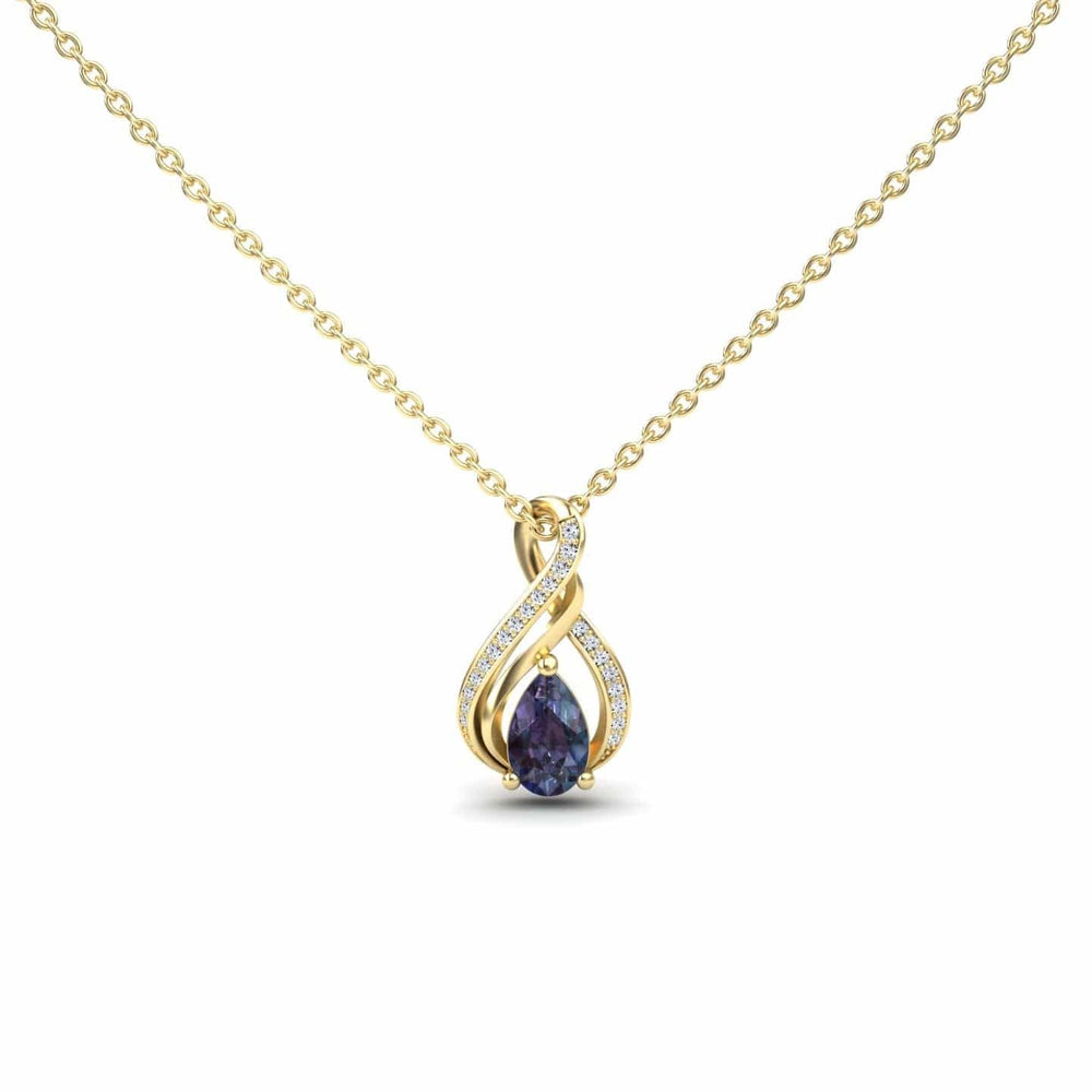 Pear lab-grown alexandrite and diamond infinity twist necklace in 14k yellow gold
