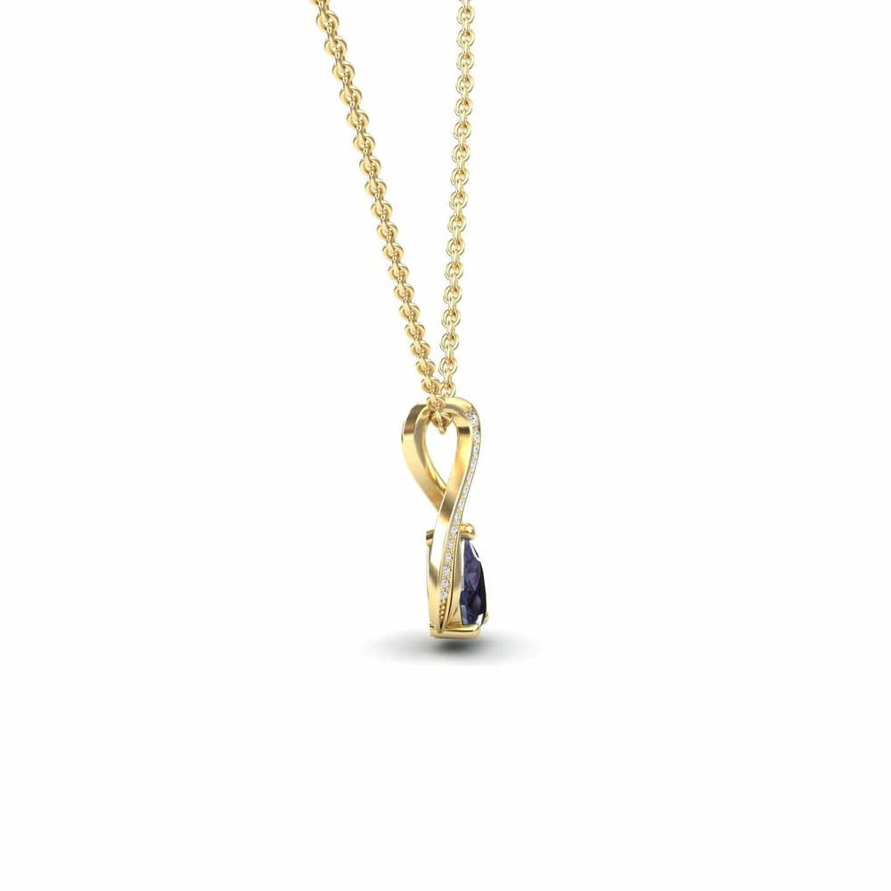 Pear lab-grown alexandrite and diamond infinity twist necklace in 14k yellow gold, view 2