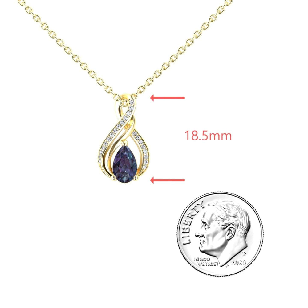 Pear lab-grown alexandrite and diamond infinity twist necklace in 14k yellow gold, view 3