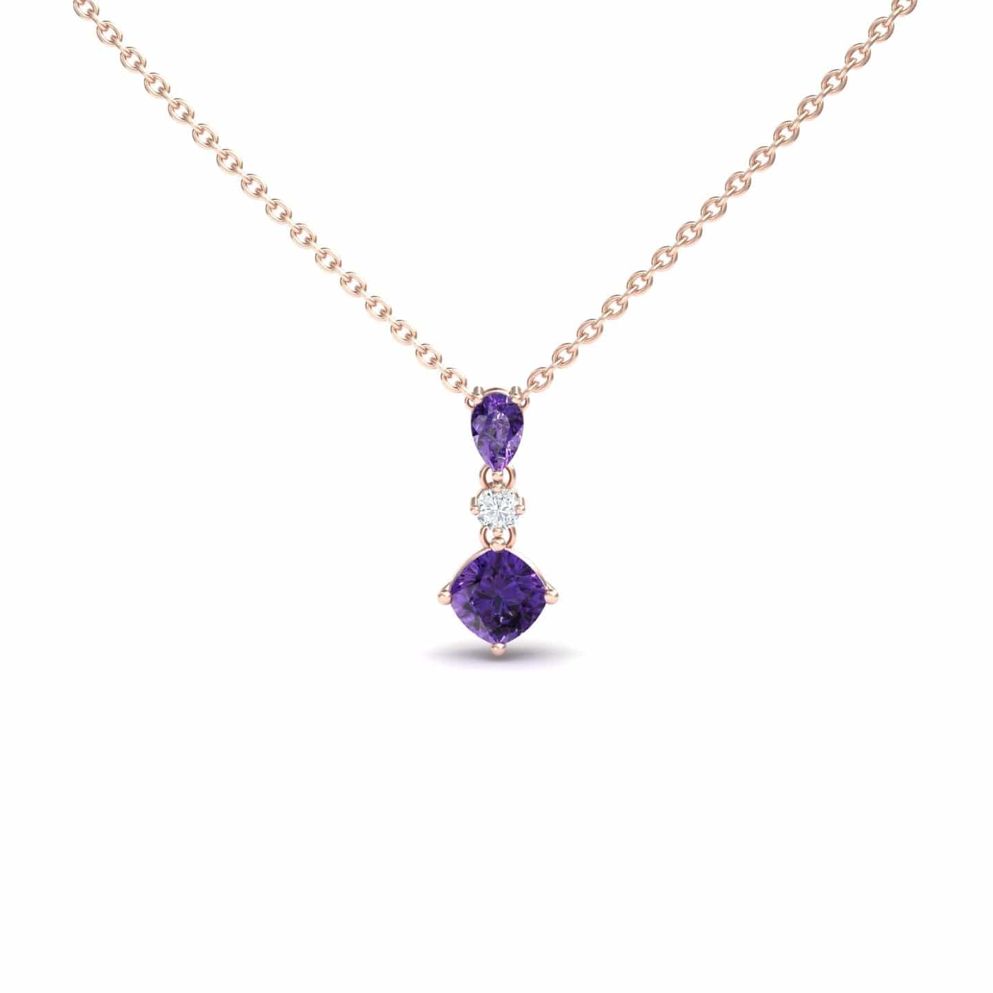 Amethyst & Diamond Three Stone Drop Necklace - Roshni