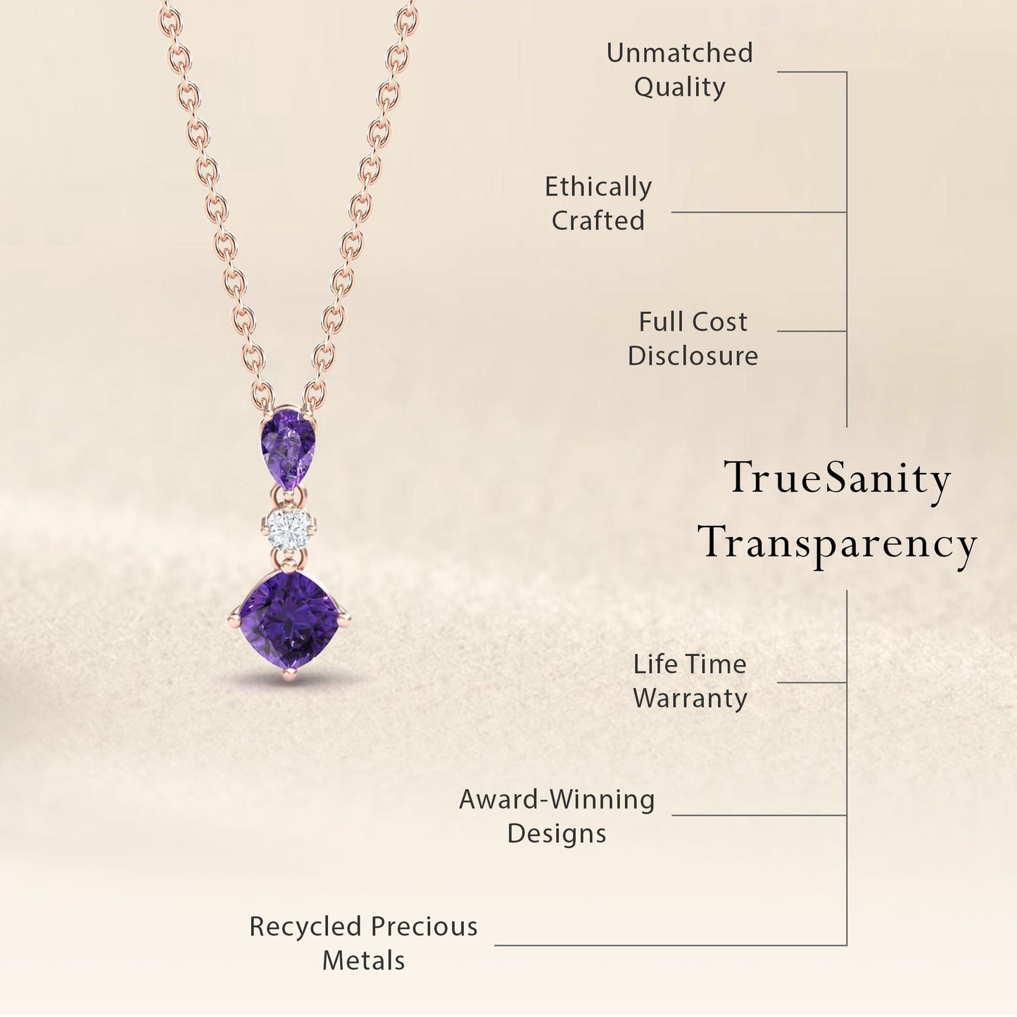 Amethyst & Diamond Three Stone Drop Necklace - Roshni