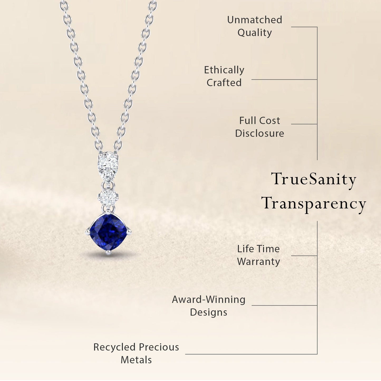 Lab Grown Blue Sapphire & Diamond Three Stone Drop Necklace - Roshni