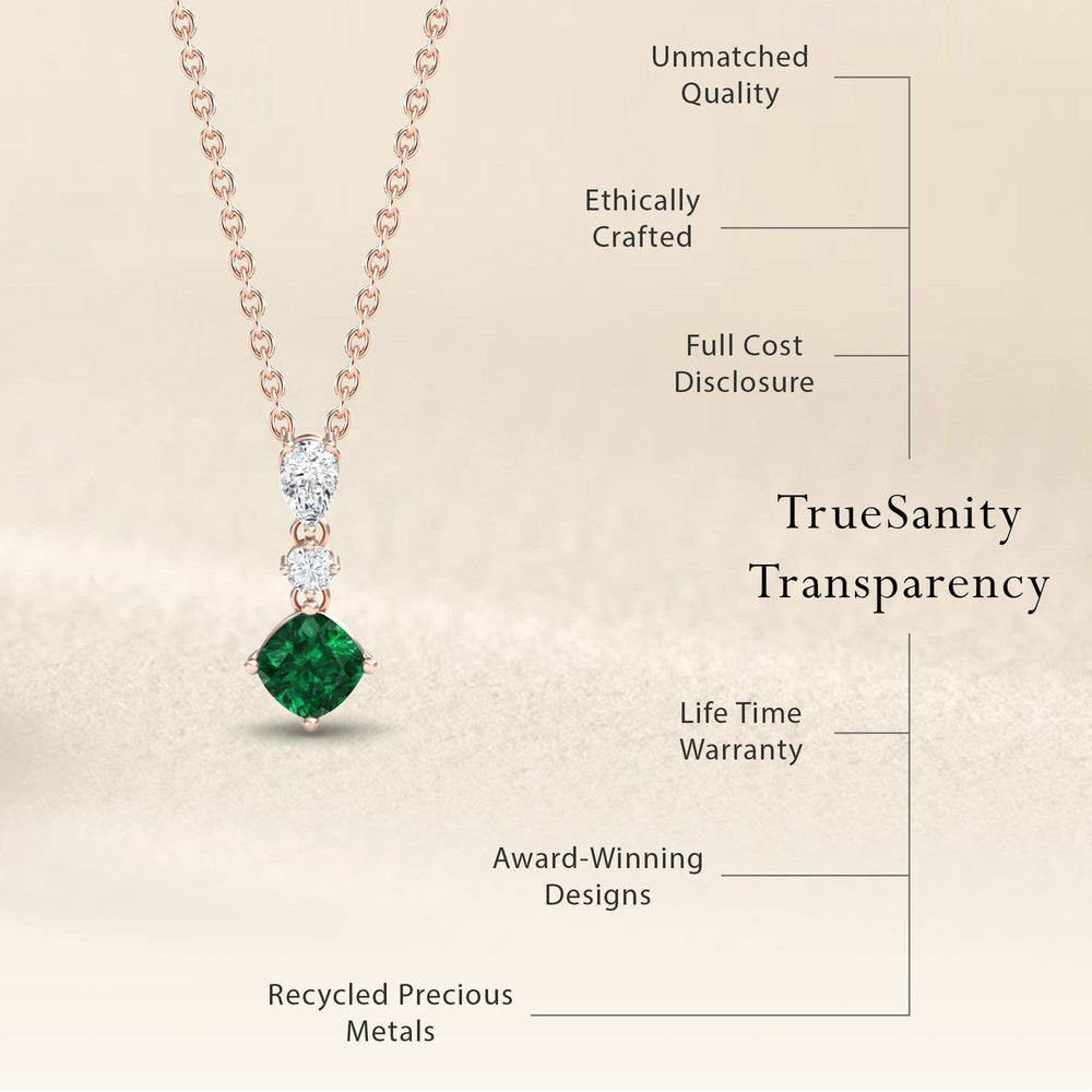 Roshni cushion lab-grown emerald and diamond three stone drop necklace, view 7