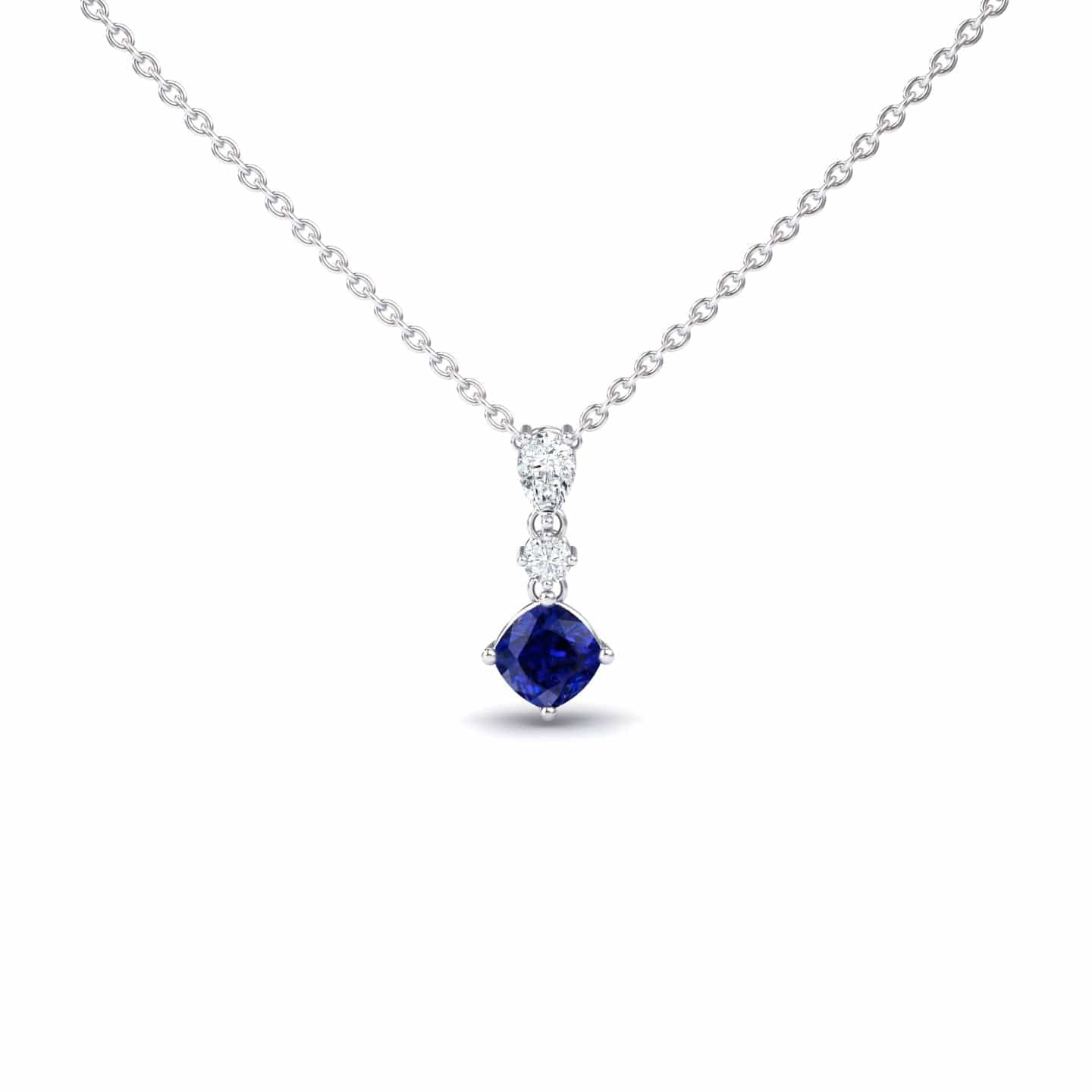 Lab Grown Blue Sapphire & Diamond Three Stone Drop Necklace - Roshni