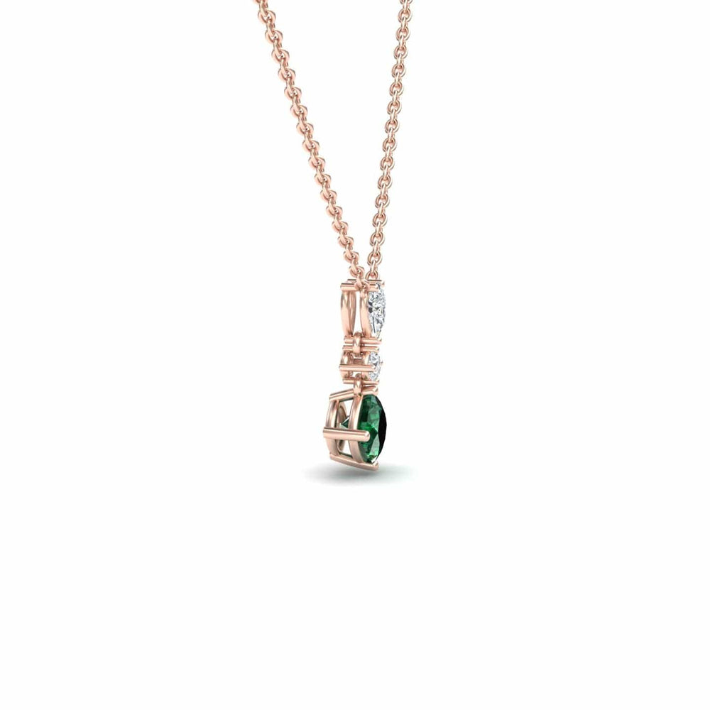 Roshni cushion lab-grown emerald and diamond three stone drop necklace in 14k rose gold, view 2