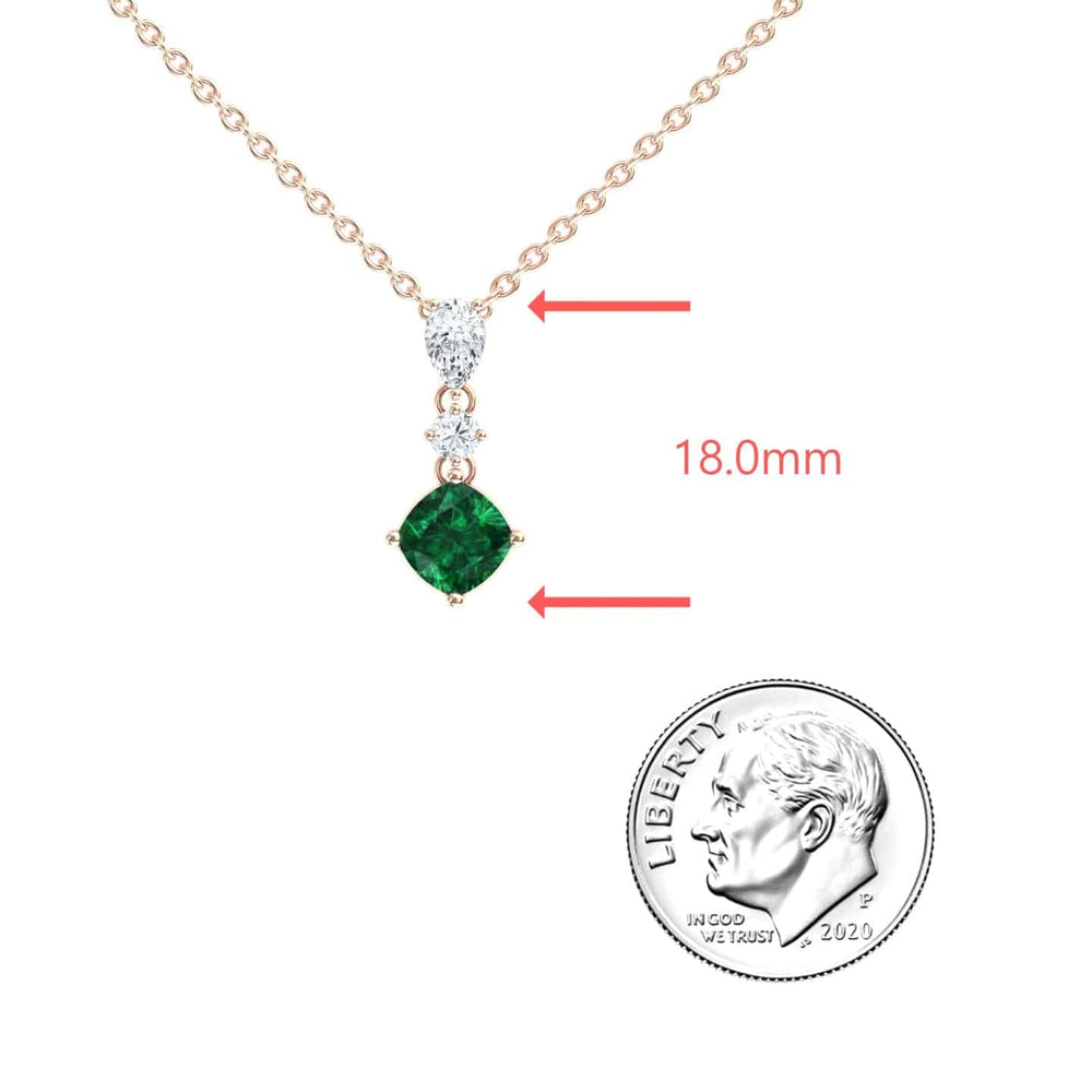 Roshni cushion lab-grown emerald and diamond three stone drop necklace in 14k rose gold, view 3
