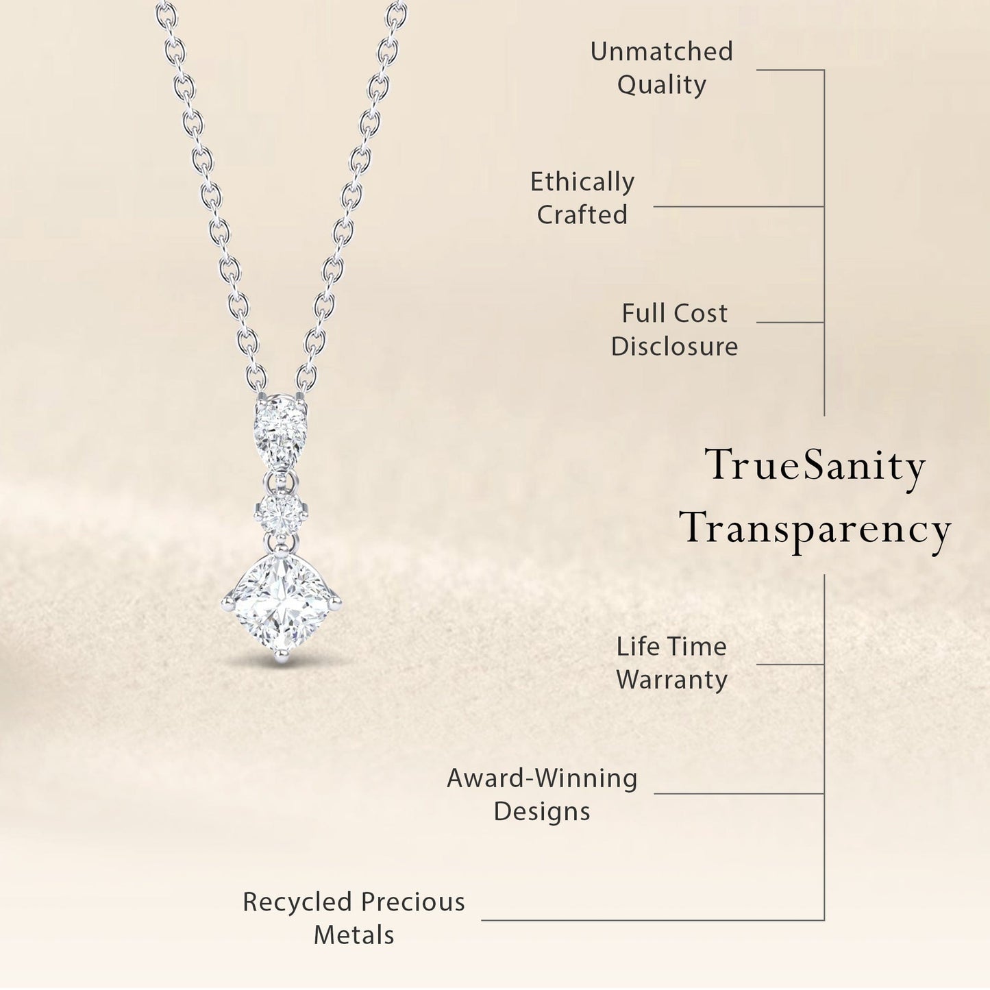 Lab Grown White Diamond Three Stone Drop Necklace - Roshni