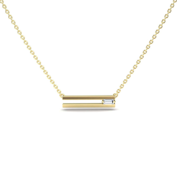 The White Diamond Bar Pendant - Cecilia is a gold chain necklace with a horizontal bar pendant featuring a small rectangular white diamond on one side, shown against a white background.