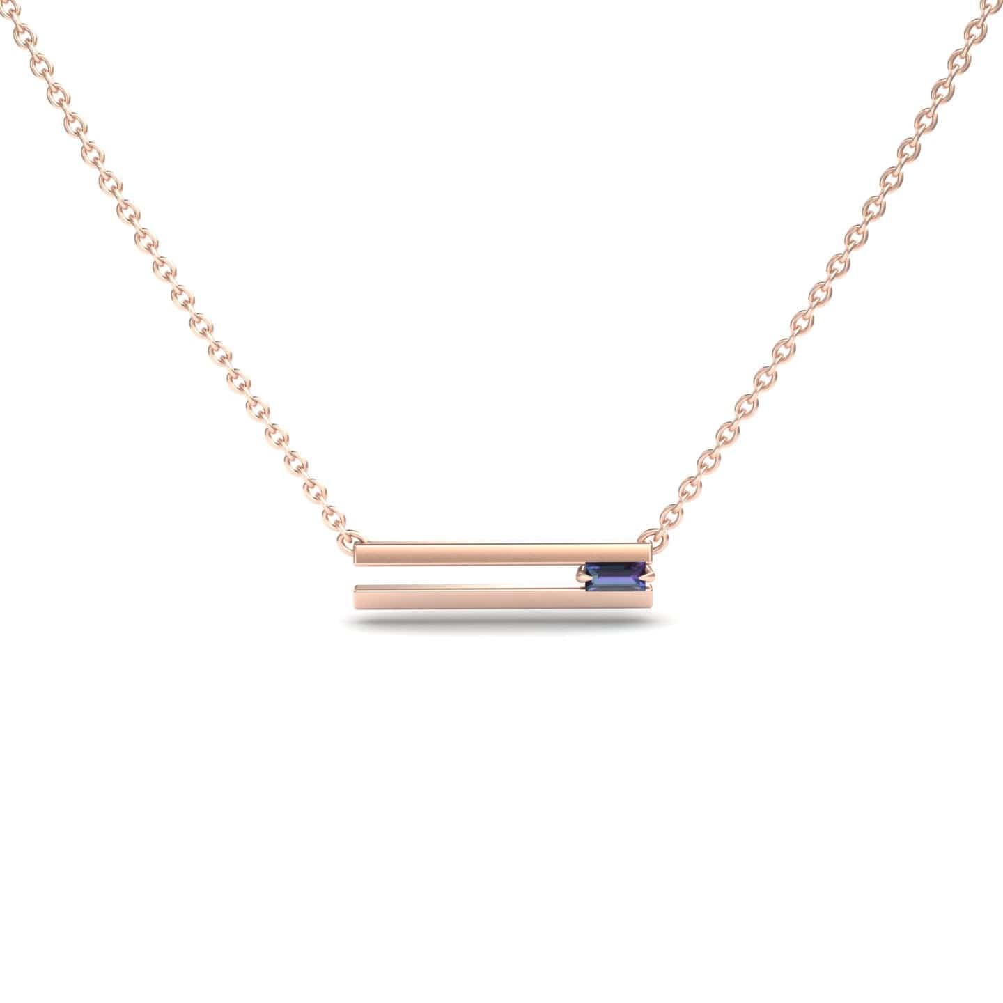 The Lab Grown Alexandrite Bar Necklace - Cecilia features a delicate rose gold chain with a horizontal double bar pendant and a rectangular blue gemstone set on the upper bar, shown against a white background.