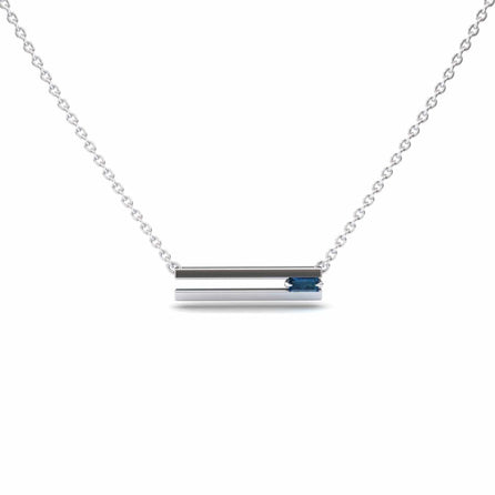 London Blue Topaz Necklace - Cecilia: A silver chain necklace with a horizontal rectangular silver bar pendant, accented by a small blue topaz on the right end, shown on a white background.