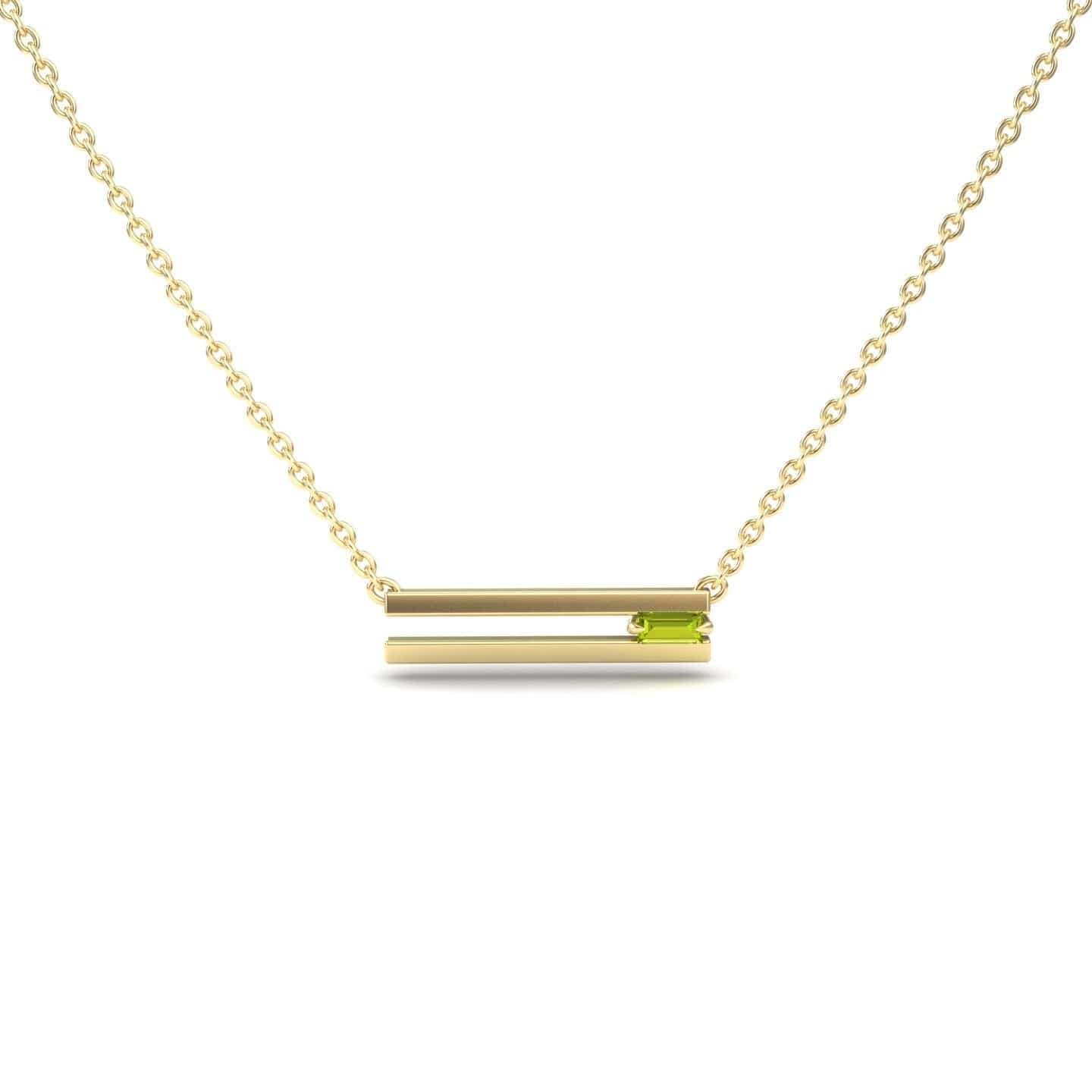 The Peridot Bar Necklace - Cecilia is a minimalist gold chain with two horizontal bars: one plain and one accented by a small light green peridot gemstone, displayed on a white background.