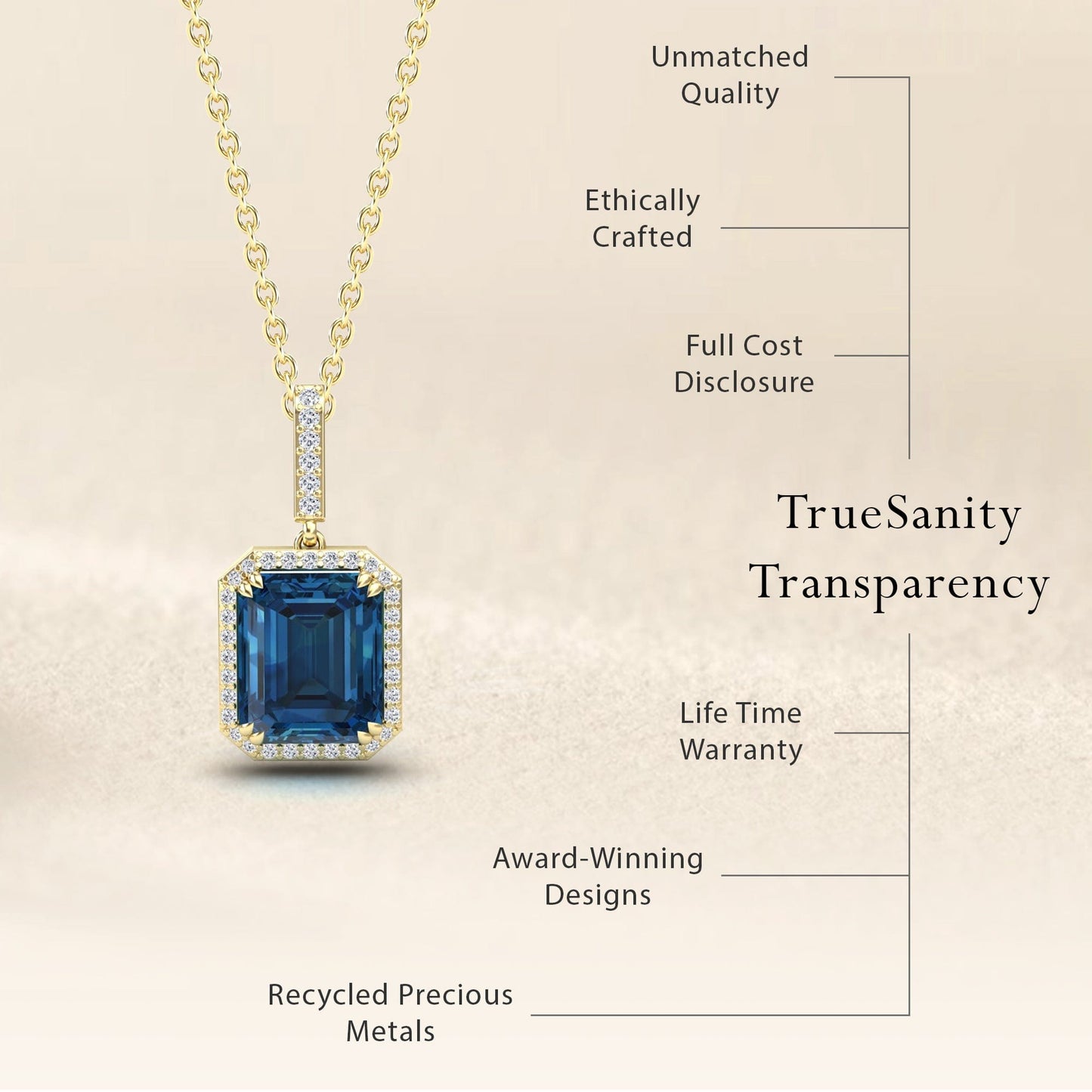 The London Blue Topaz & Diamond Halo Necklace - Sanya is displayed, showcasing unmatched quality, ethical craftsmanship, full cost transparency, a lifetime warranty, award-winning design, and recycled precious metals.