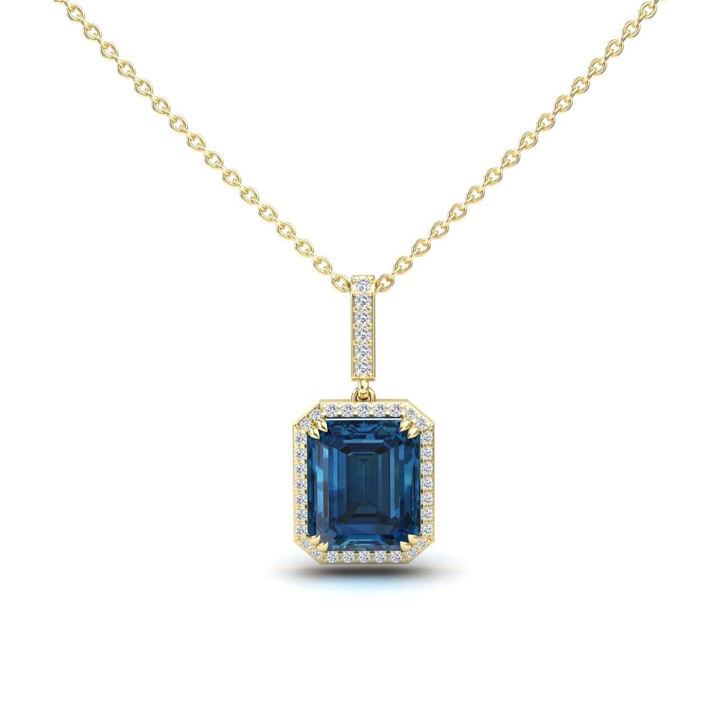 The London Blue Topaz & Diamond Halo Necklace - Sanya features a gold chain with a square-cut blue topaz pendant, surrounded by white diamonds and accented with more diamonds on the bail.