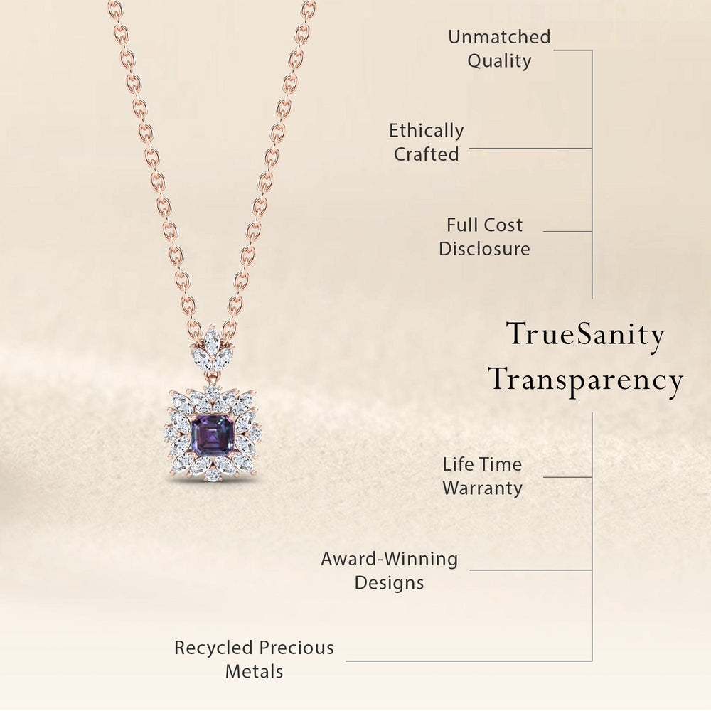 Asscher lab-grown alexandrite and diamond halo necklace, view 7