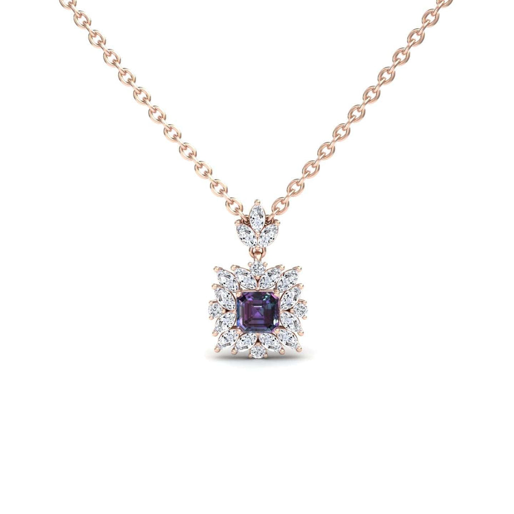 Asscher lab-grown alexandrite and diamond halo necklace in 14k rose gold