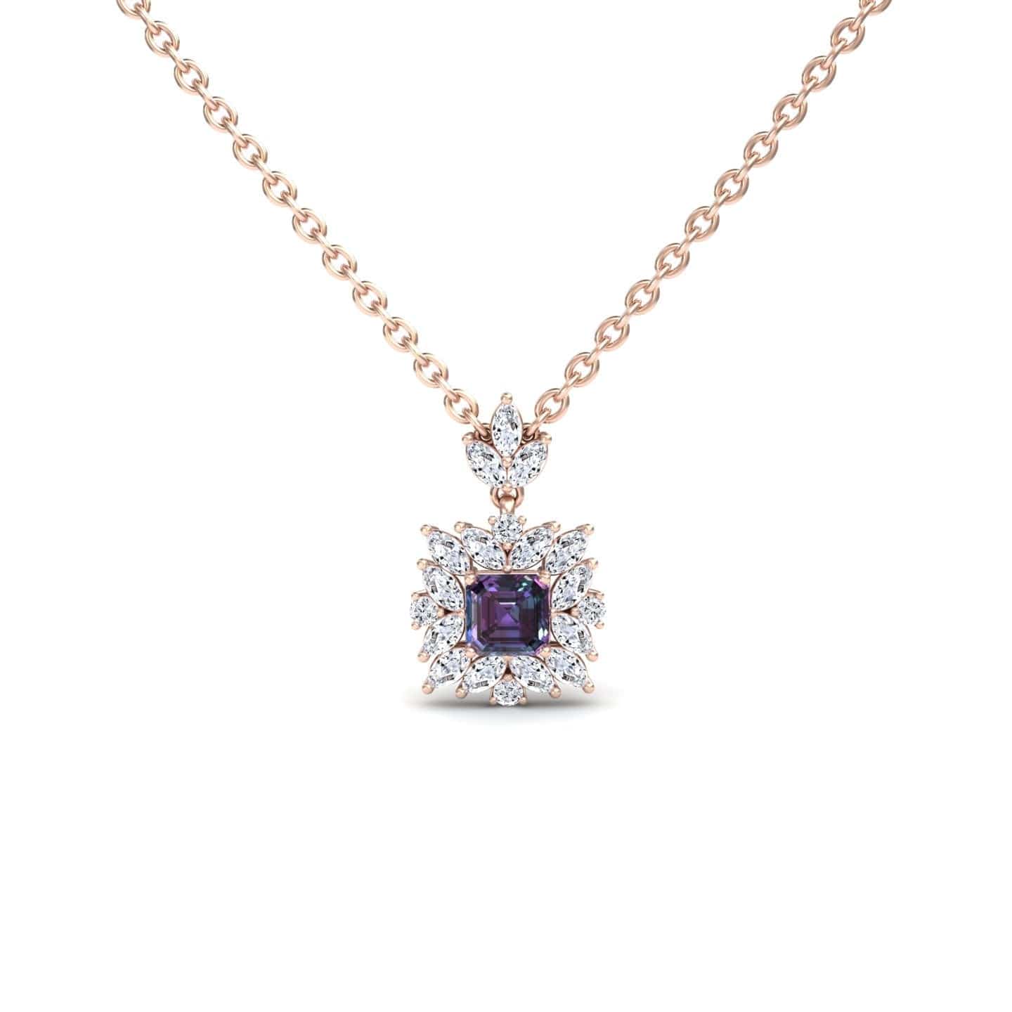 Lab Grown Alexandrite & Diamond Halo Necklace - Zeina
