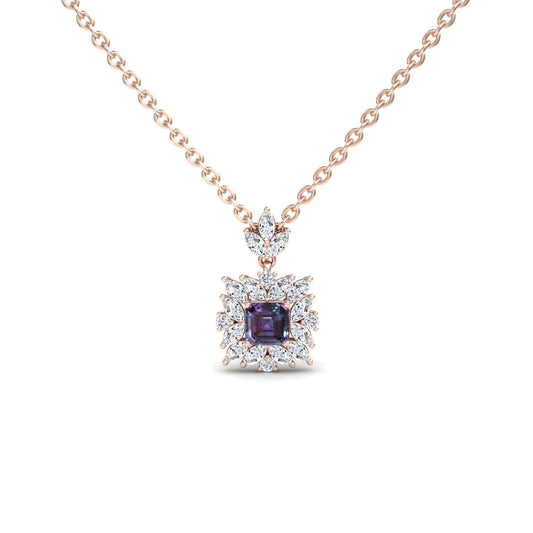 Lab Grown Alexandrite & Diamond Halo Necklace - Zeina