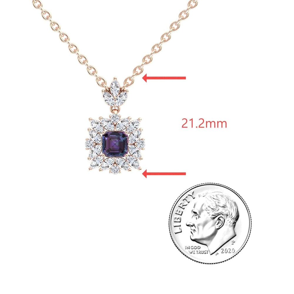 Asscher lab-grown alexandrite and diamond halo necklace in 14k rose gold, view 3