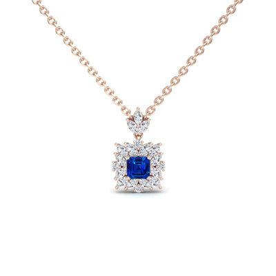 Lab Grown Blue Sapphire & Diamond Halo Pendant Necklace