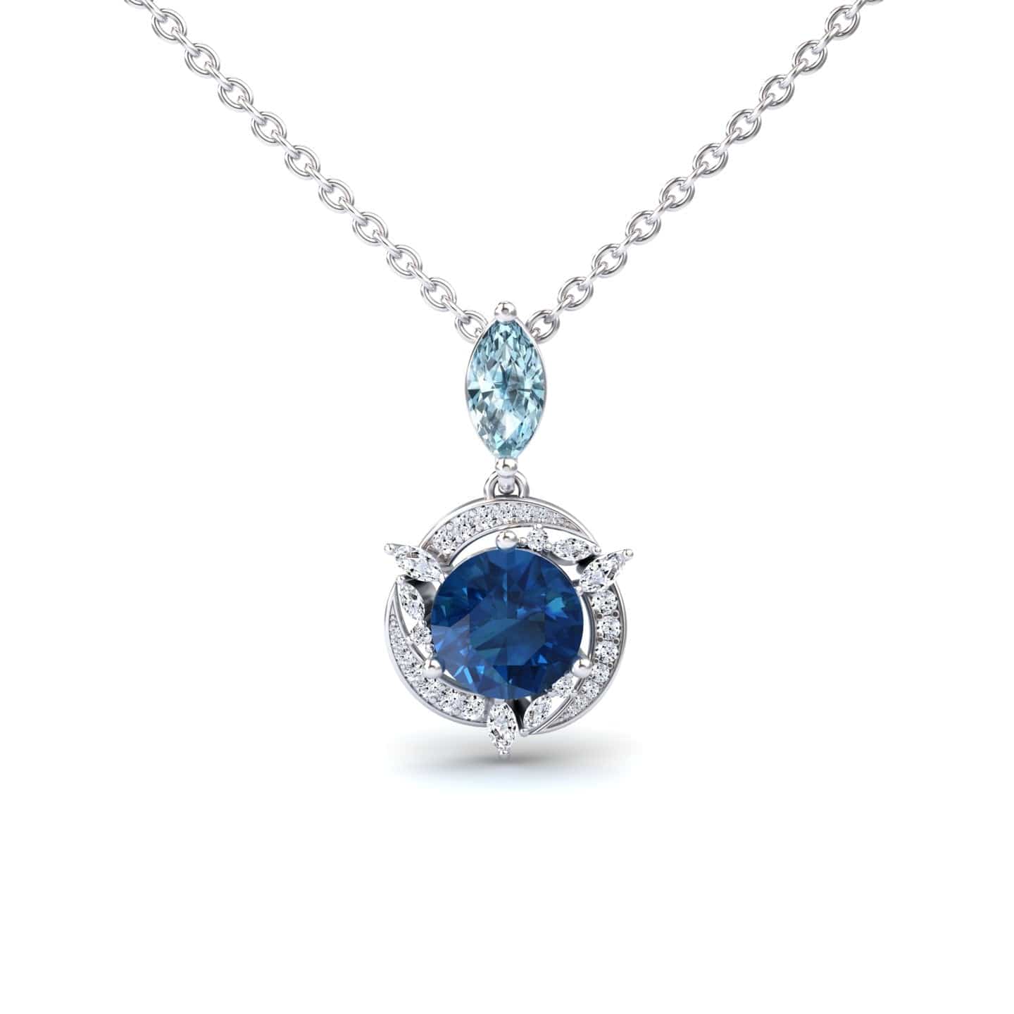 London Blue Topaz & Aquamarine Halo Swirl Necklace - Basanti